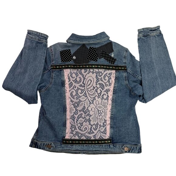 Wonder Nation Denim Jacket Pink Black Lace Polka Dot Pearl Heart Trucker XXL - Picture 7 of 13